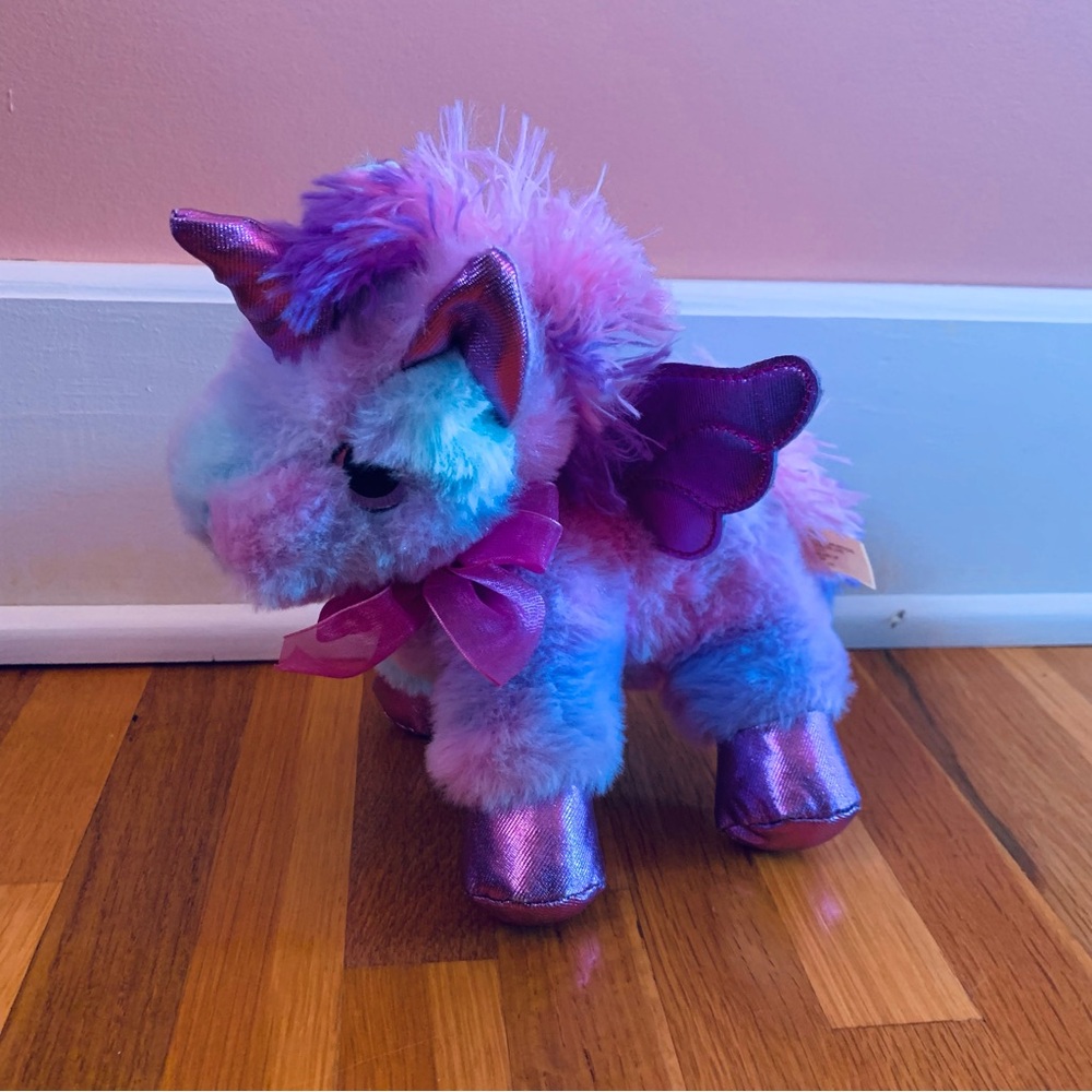 Pastel Cotton Candy Rainbow Unicorn Pegasus Stuffed Animal w/ Metallic Accents